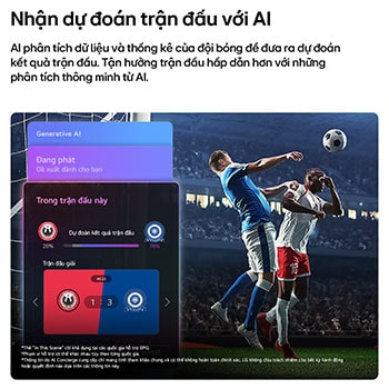 LG NANO 4K UHD AI NU80 Sports Forecast by AI Concierge displays a live soccer match with an on-screen AI panel presenting predictions, game insights, and league data, suggesting how AI analyzes gameplay to forecast match outcomes. 